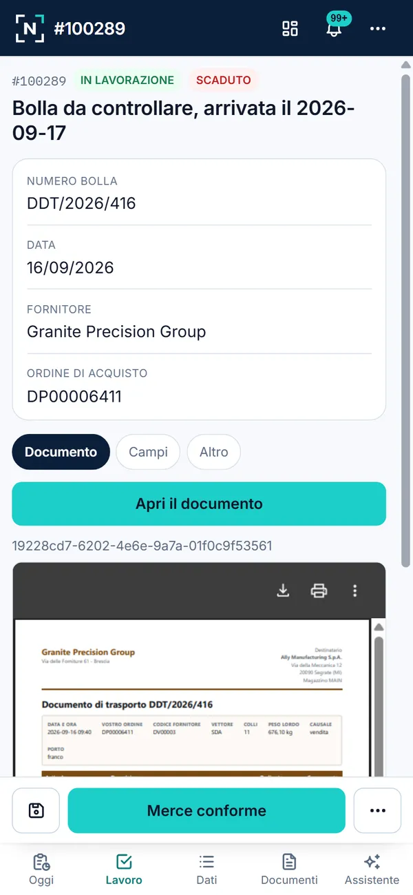 Nexus sul telefono: una bolla da controllare con i campi letti e il pulsante Merce conforme.